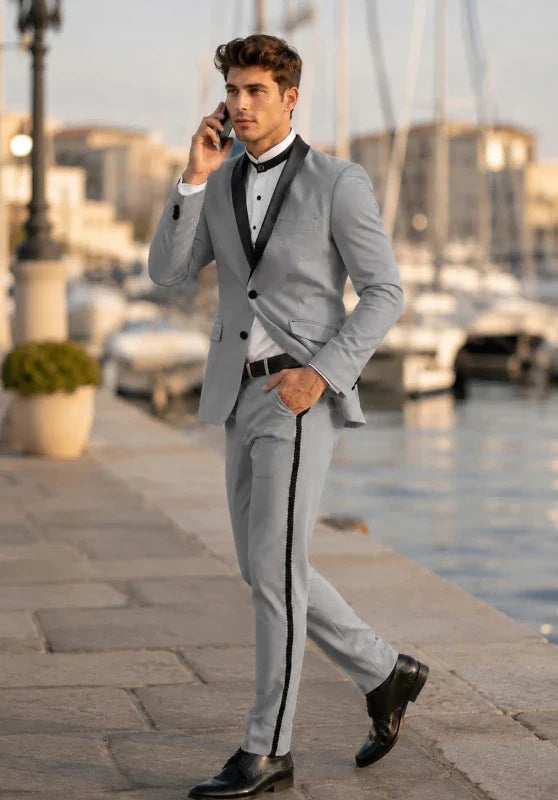 Esmoquin de dos piezas para hombre, corte ajustado, con solapa de chal en contraste y pantalón con banda lateral