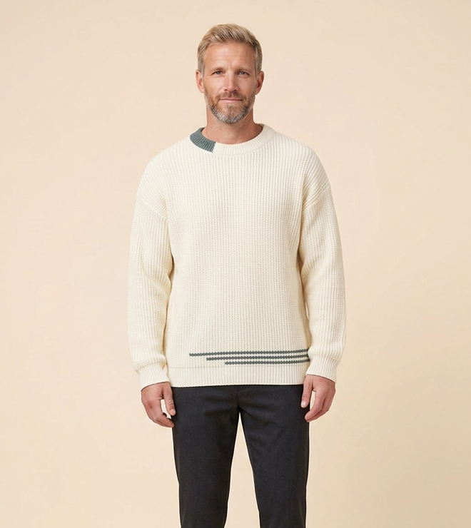 Herrenpullover mit Rundhalsausschnitt aus Strick und kontrastierenden Details