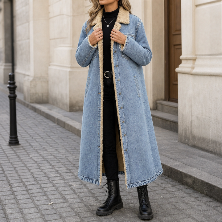 Cappotto lungo da donna in denim foderato in sherpa