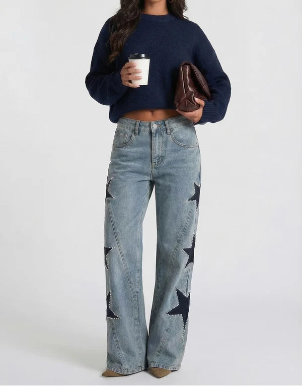 Jean Large en Denim avec Étoiles et Détails Cloutés