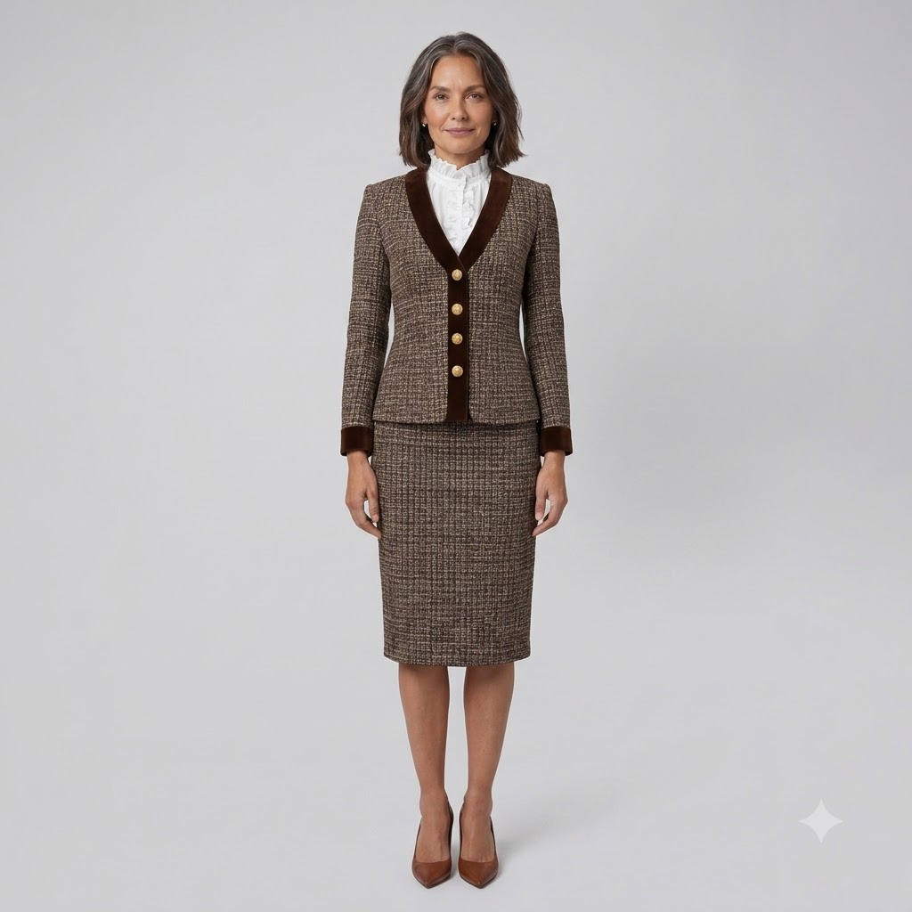 Ensemble Tailleur Femme En Tweed Blazer Et Jupe Crayon Bordure Velours