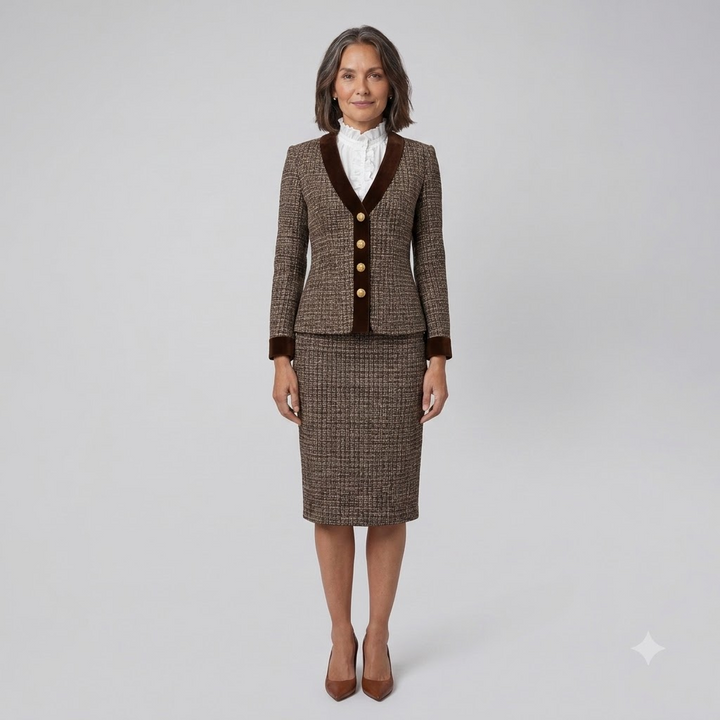 Ensemble Tailleur Femme En Tweed Blazer Et Jupe Crayon Bordure Velours