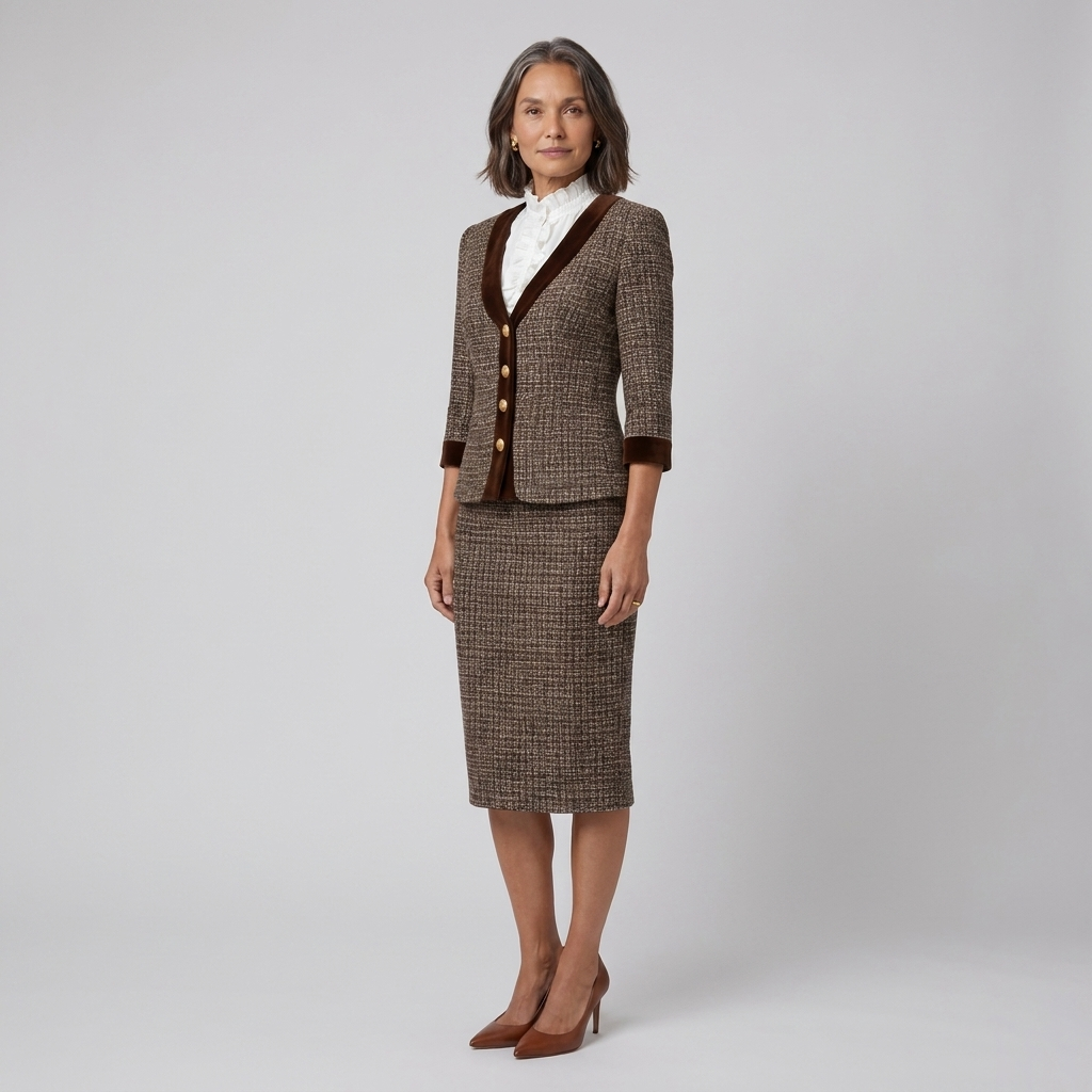 Ensemble Tailleur Femme En Tweed Blazer Et Jupe Crayon Bordure Velours