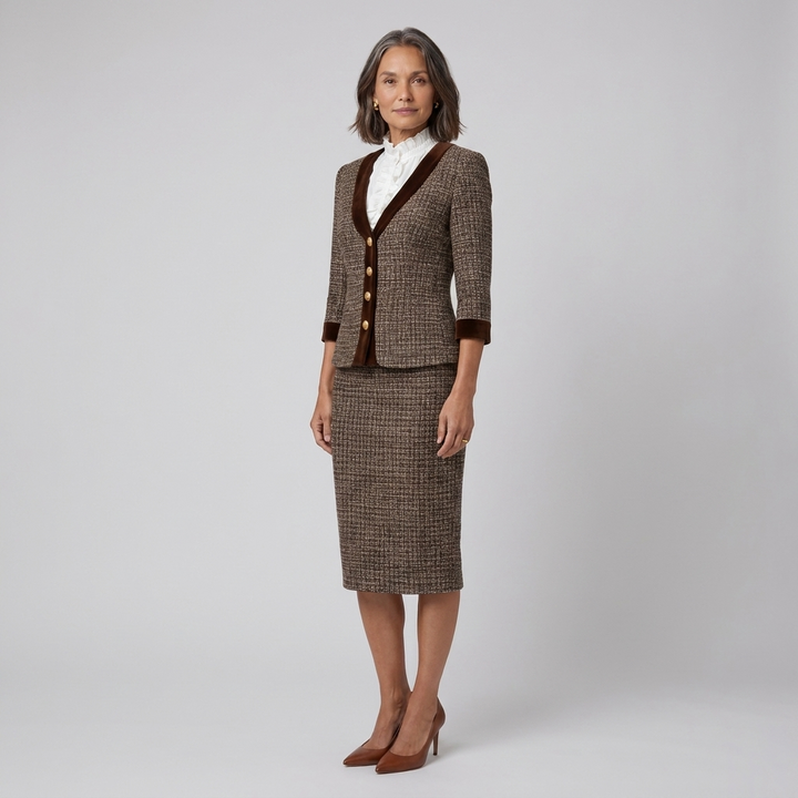 Ensemble Tailleur Femme En Tweed Blazer Et Jupe Crayon Bordure Velours