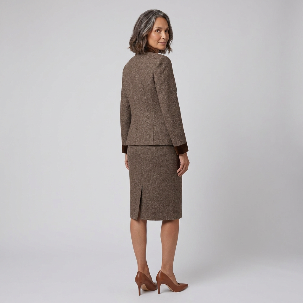 Ensemble Tailleur Femme En Tweed Blazer Et Jupe Crayon Bordure Velours