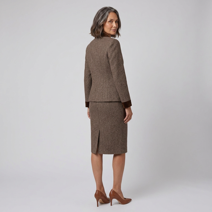 Ensemble Tailleur Femme En Tweed Blazer Et Jupe Crayon Bordure Velours
