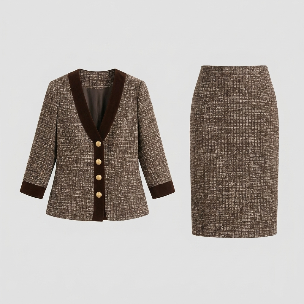 Ensemble Tailleur Femme En Tweed Blazer Et Jupe Crayon Bordure Velours