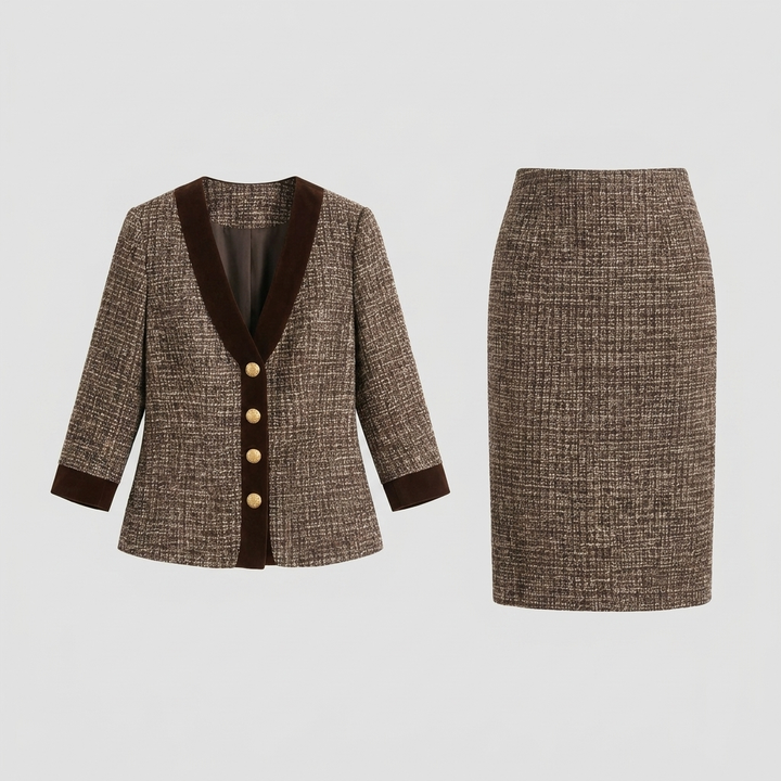 Ensemble Tailleur Femme En Tweed Blazer Et Jupe Crayon Bordure Velours