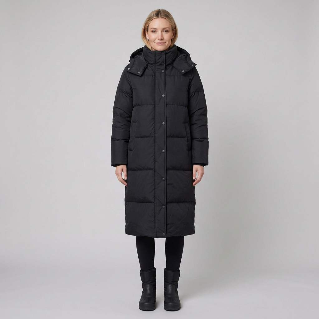 Women's Long Hooded Windproof Puffer Coat with Snap Fastening and Pockets