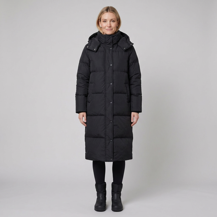Women's Long Hooded Windproof Puffer Coat with Snap Fastening and Pockets