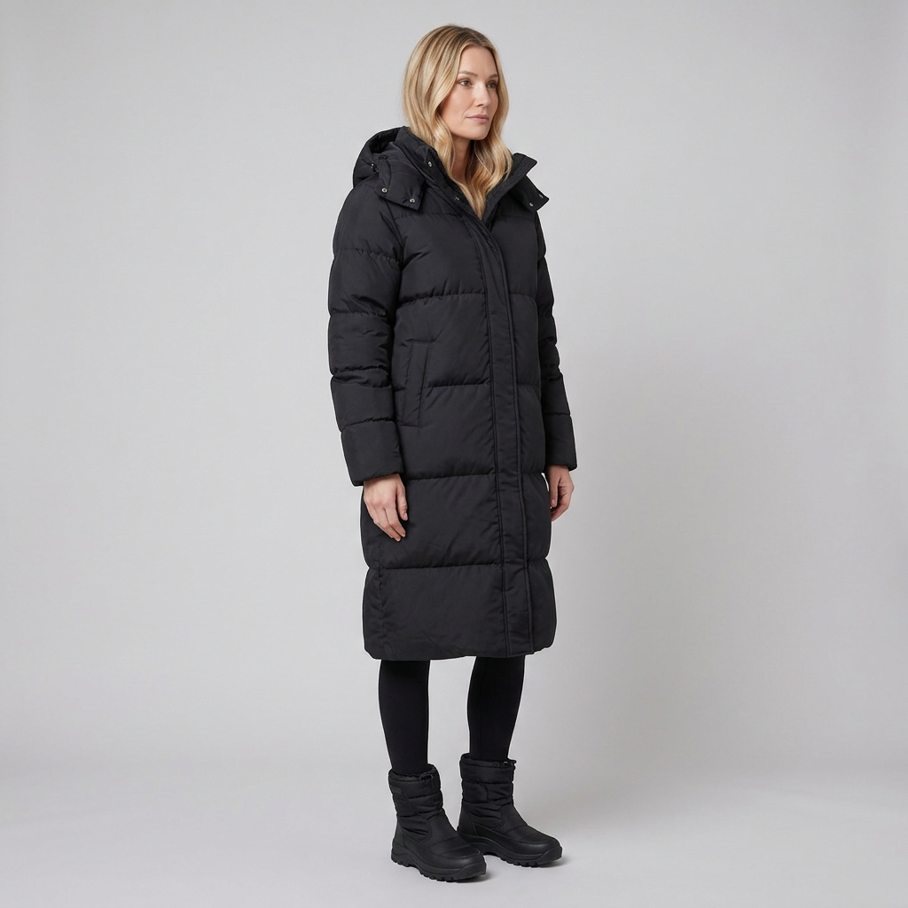 Women's Long Hooded Windproof Puffer Coat with Snap Fastening and Pockets