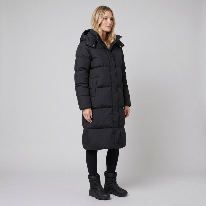 Women's Long Hooded Windproof Puffer Coat with Snap Fastening and Pockets