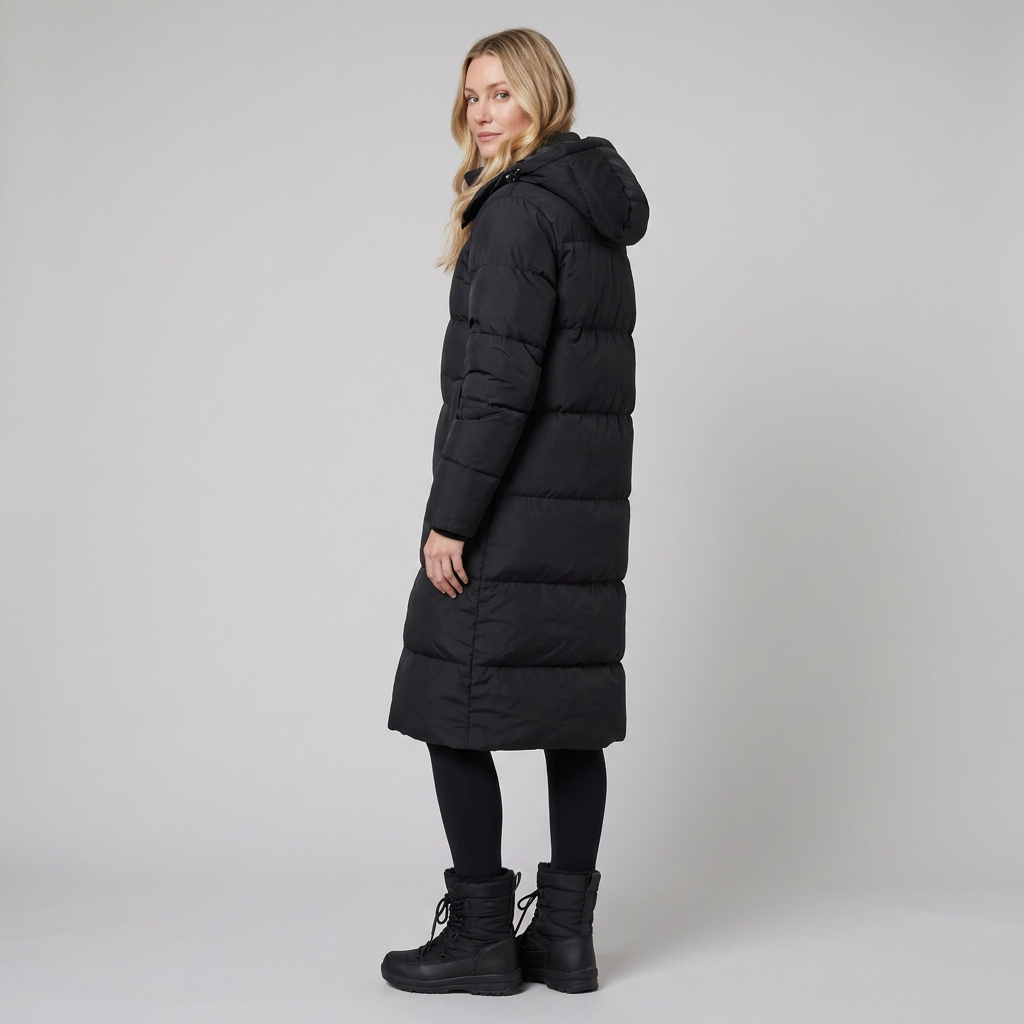 Women's Long Hooded Windproof Puffer Coat with Snap Fastening and Pockets
