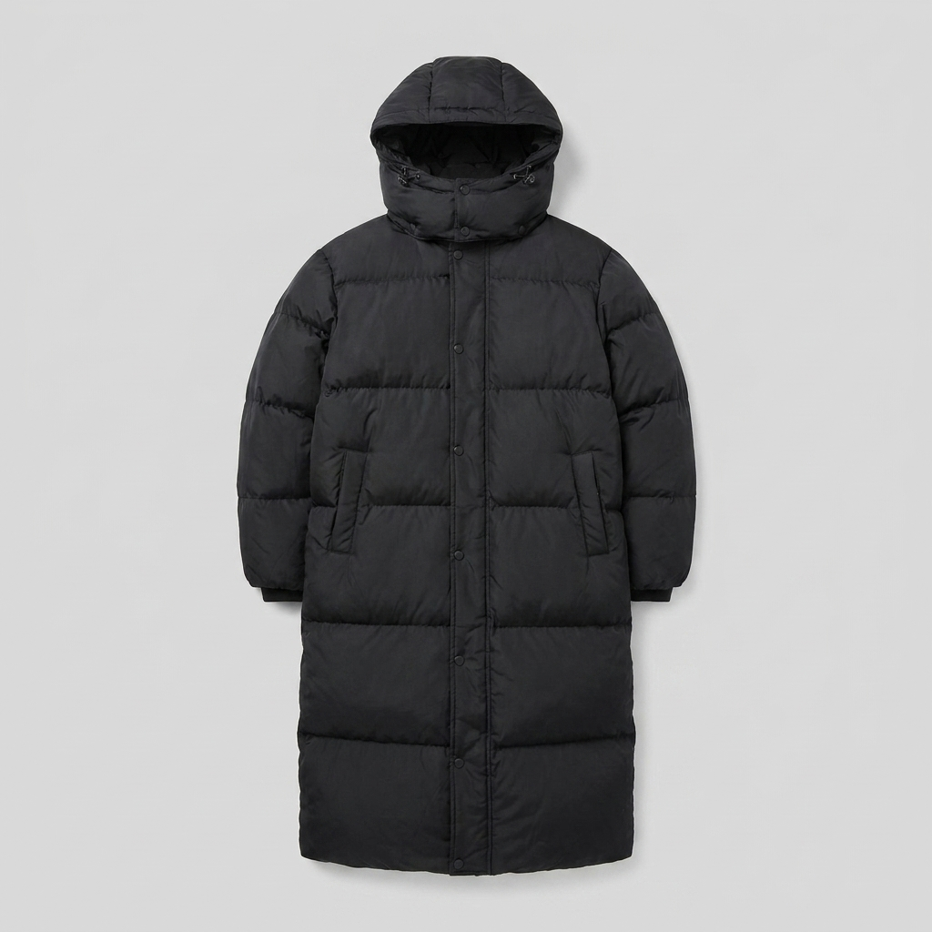 Women's Long Hooded Windproof Puffer Coat with Snap Fastening and Pockets