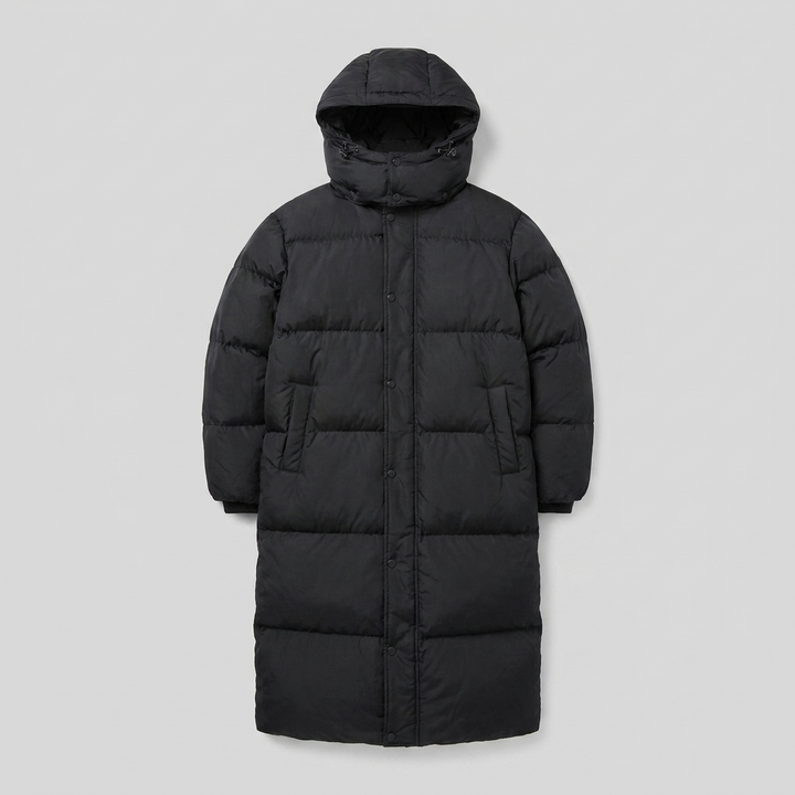Women's Long Hooded Windproof Puffer Coat with Snap Fastening and Pockets