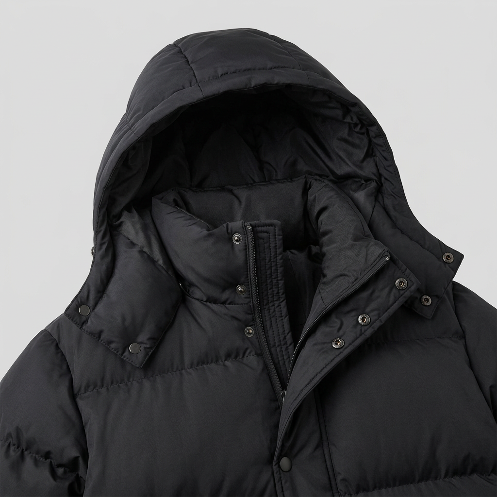 Women's Long Hooded Windproof Puffer Coat with Snap Fastening and Pockets