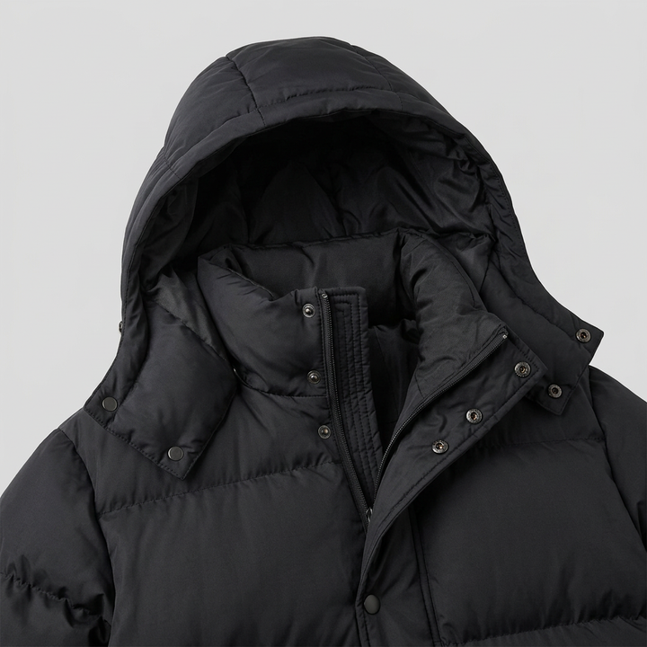 Women's Long Hooded Windproof Puffer Coat with Snap Fastening and Pockets
