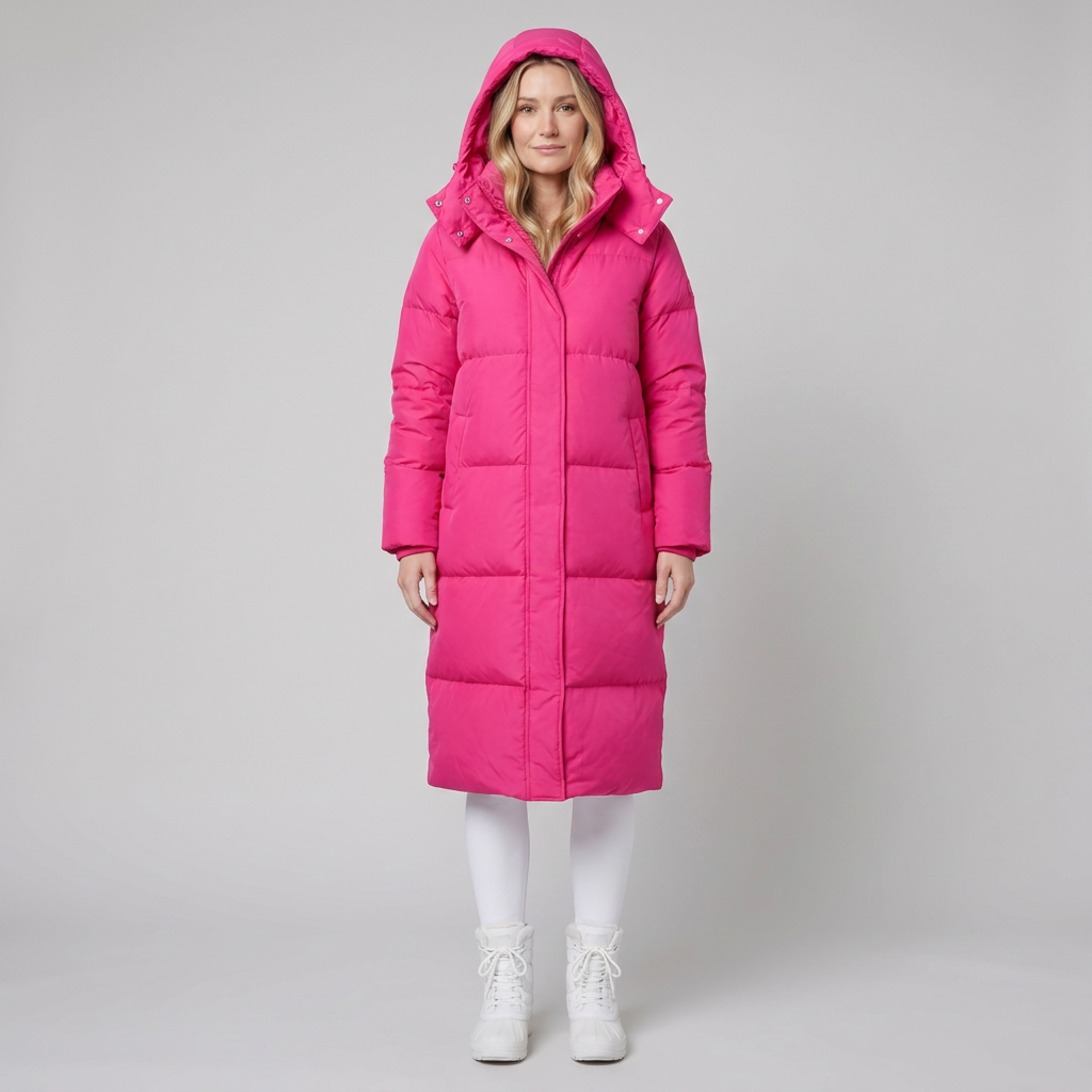 Women's Long Hooded Windproof Puffer Coat with Snap Fastening and Pockets