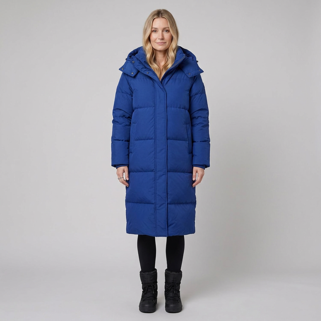 Women's Long Hooded Windproof Puffer Coat with Snap Fastening and Pockets