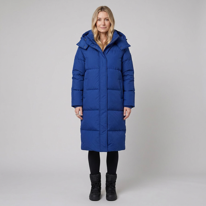Women's Long Hooded Windproof Puffer Coat with Snap Fastening and Pockets
