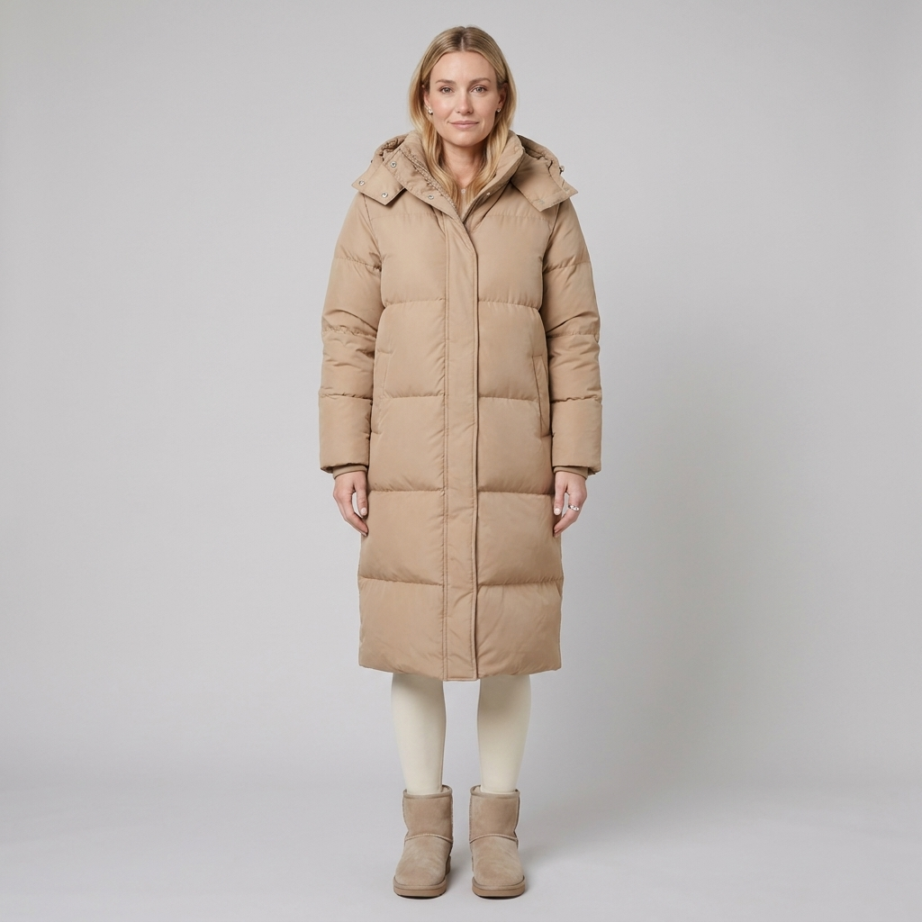 Women's Long Hooded Windproof Puffer Coat with Snap Fastening and Pockets