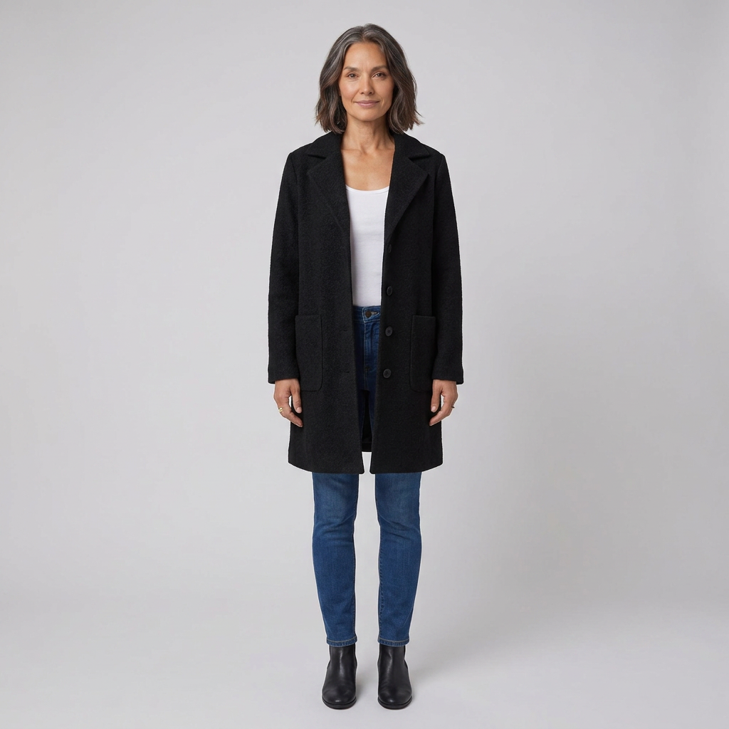 Cappotto lungo da donna monopetto con collo a revers dentellato e chiusura con bottoni