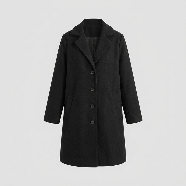 Cappotto lungo da donna monopetto con collo a revers dentellato e chiusura con bottoni