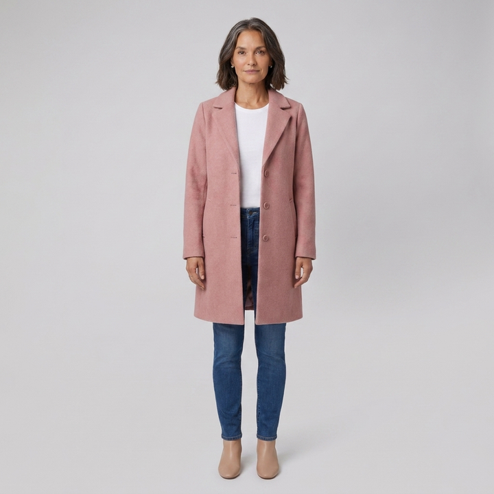Cappotto lungo da donna monopetto con collo a revers dentellato e chiusura con bottoni