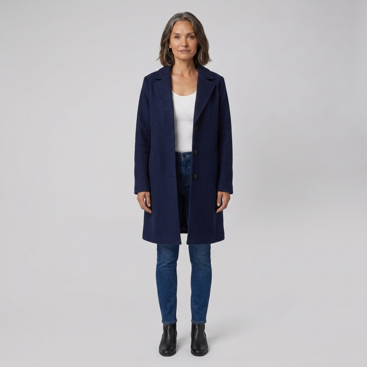 Cappotto lungo da donna monopetto con collo a revers dentellato e chiusura con bottoni