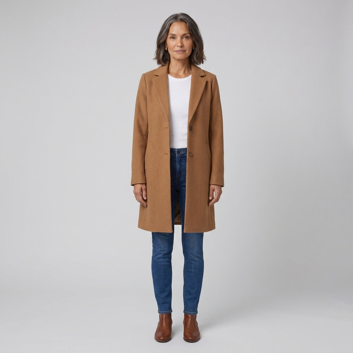 Cappotto lungo da donna monopetto con collo a revers dentellato e chiusura con bottoni