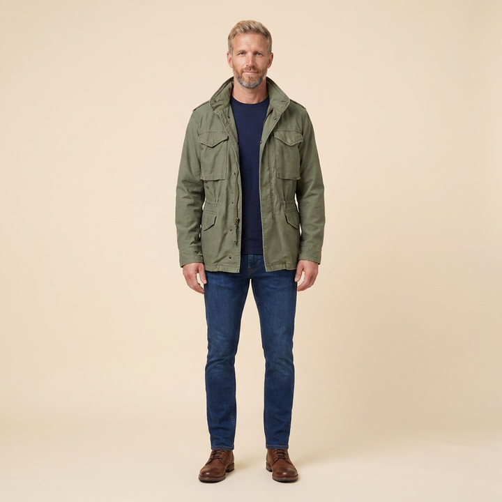 Herren-Militärjacke mit Reißverschluss und Pattentaschen
