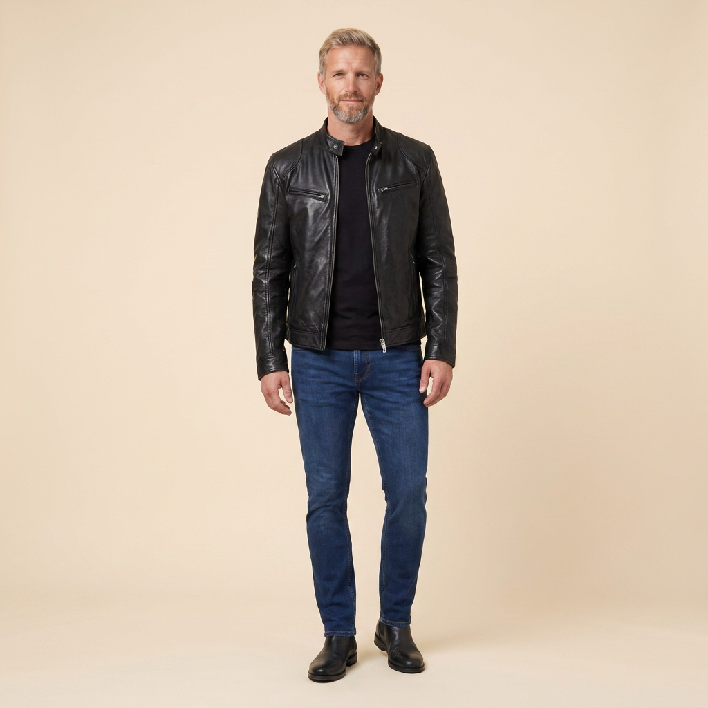 Giacca da uomo classica in pelle con chiusura a cerniera e tasche