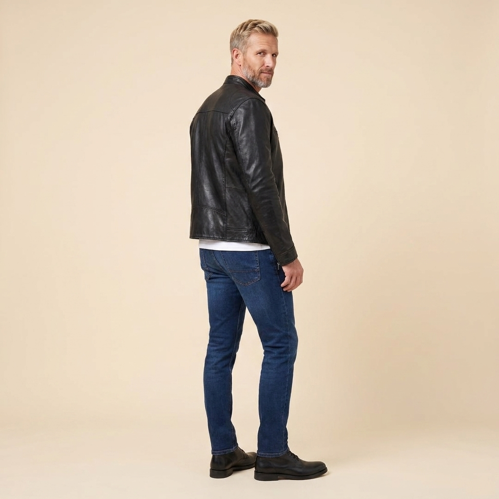 Giacca da uomo classica in pelle con chiusura a cerniera e tasche