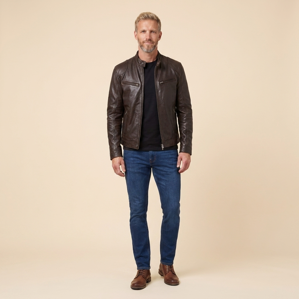 Giacca da uomo classica in pelle con chiusura a cerniera e tasche