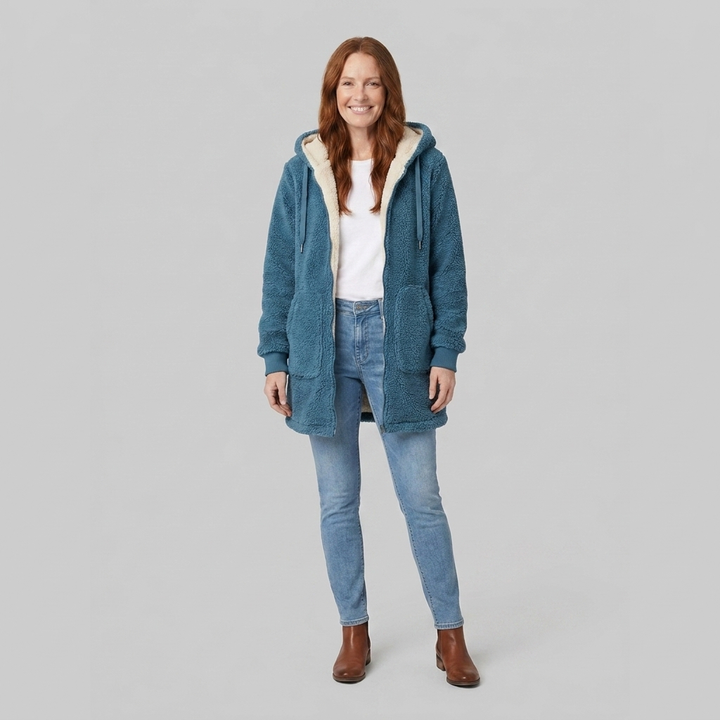 Cappotto donna in denim di media lunghezza foderato in sherpa con cappuccio