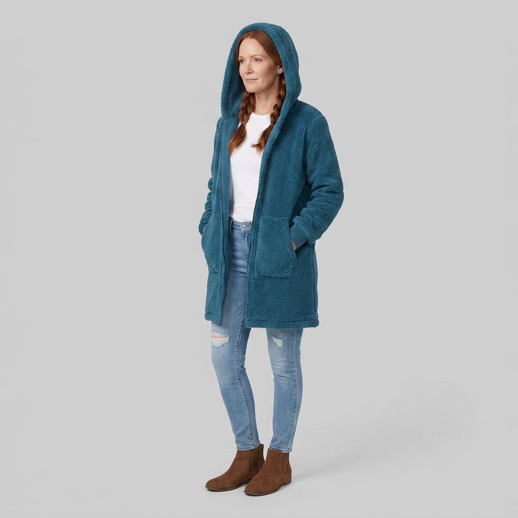 Cappotto donna in denim di media lunghezza foderato in sherpa con cappuccio