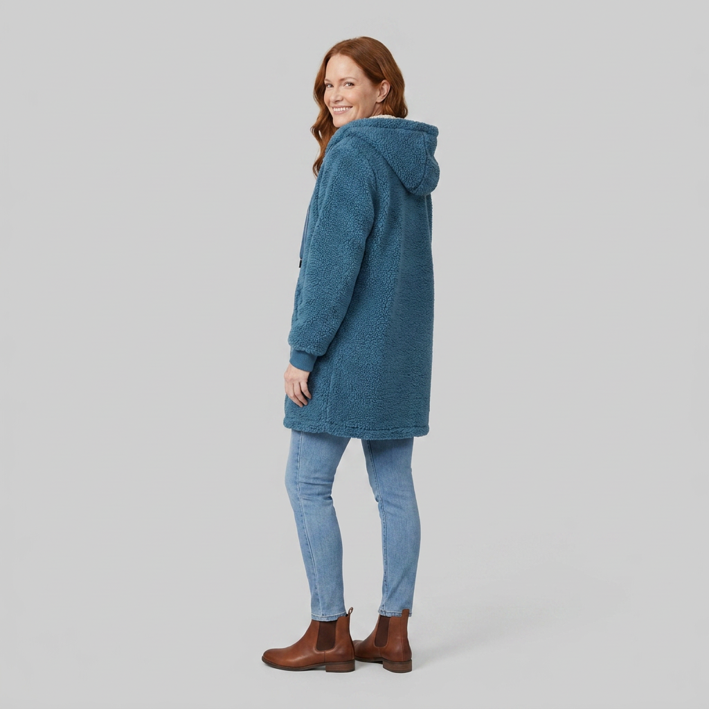 Cappotto donna in denim di media lunghezza foderato in sherpa con cappuccio