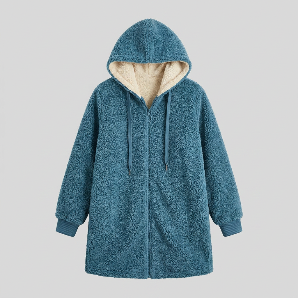 Cappotto donna in denim di media lunghezza foderato in sherpa con cappuccio
