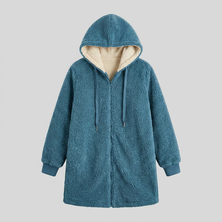 Cappotto donna in denim di media lunghezza foderato in sherpa con cappuccio