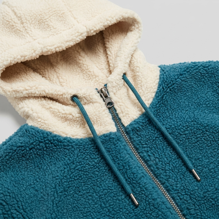 Cappotto donna in denim di media lunghezza foderato in sherpa con cappuccio