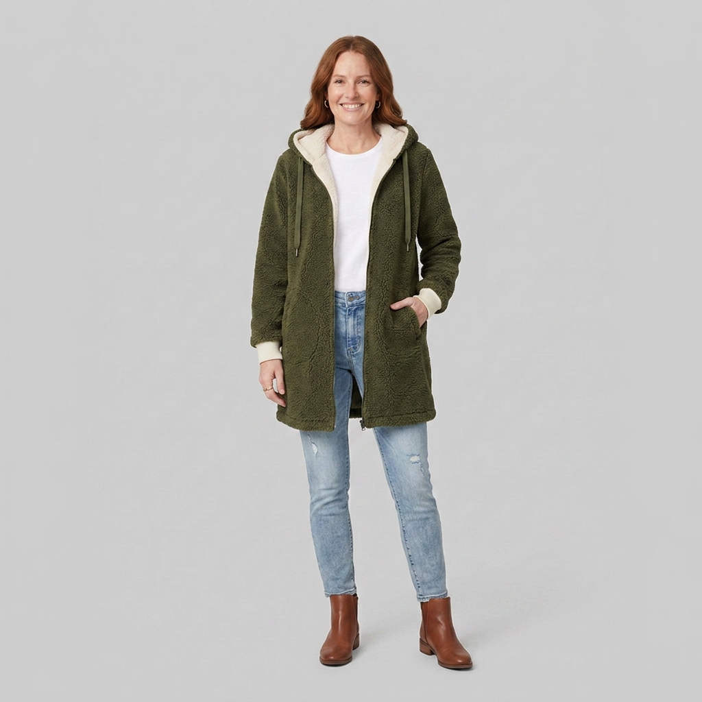 Cappotto donna in denim di media lunghezza foderato in sherpa con cappuccio