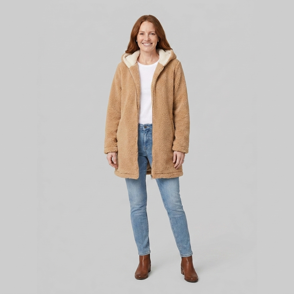 Cappotto donna in denim di media lunghezza foderato in sherpa con cappuccio