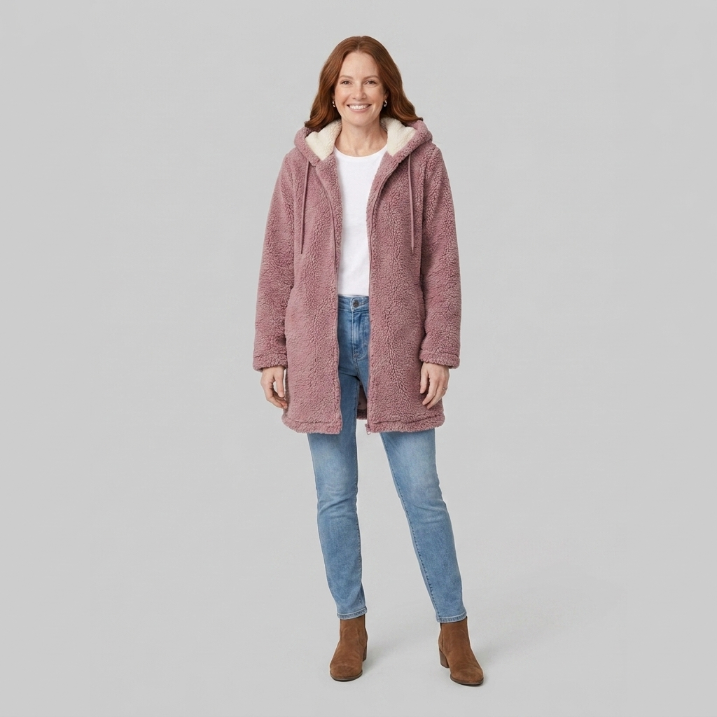 Cappotto donna in denim di media lunghezza foderato in sherpa con cappuccio