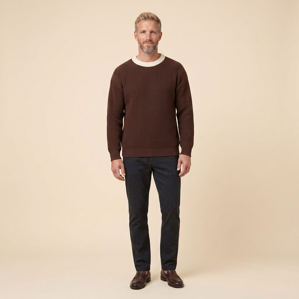 Herrenpullover mit Rundhalsausschnitt aus Strick und kontrastierenden Details