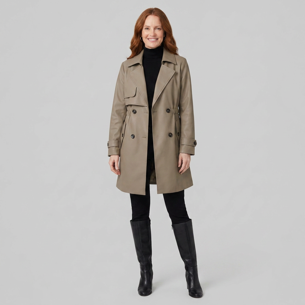 Women's Belted Trench Coat with Notched Lapels, Double-Breasted Closure, and Side Pockets