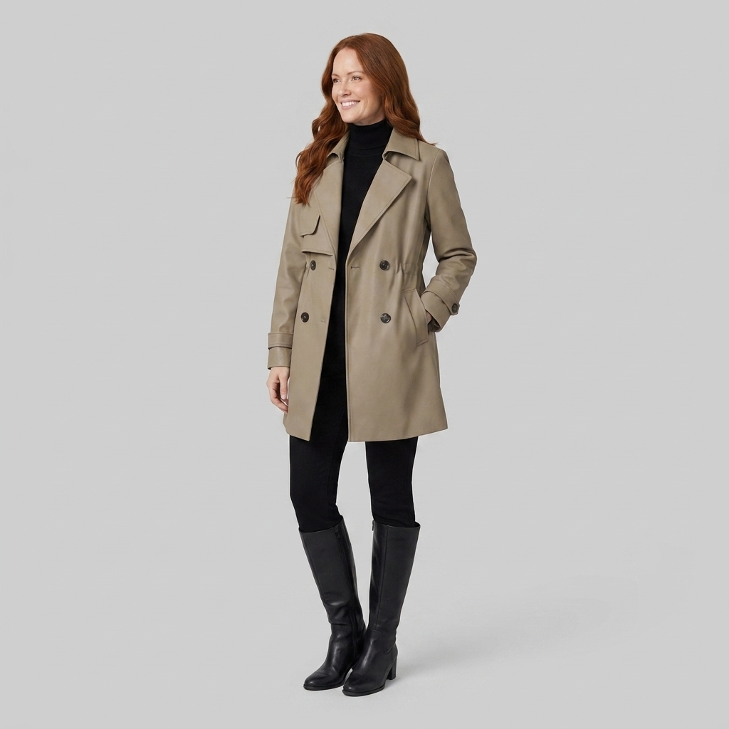 Women's Belted Trench Coat with Notched Lapels, Double-Breasted Closure, and Side Pockets