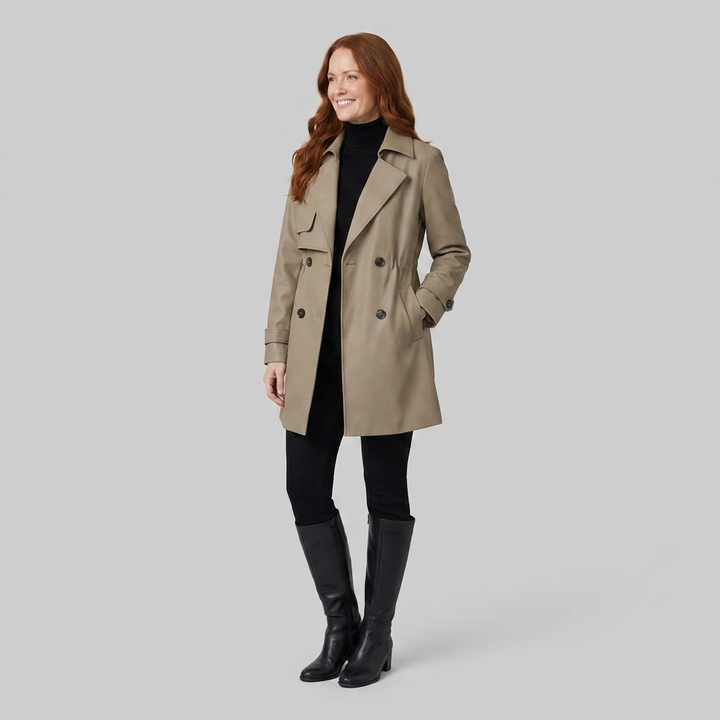 Women's Belted Trench Coat with Notched Lapels, Double-Breasted Closure, and Side Pockets