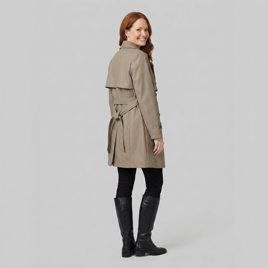 Women's Belted Trench Coat with Notched Lapels, Double-Breasted Closure, and Side Pockets