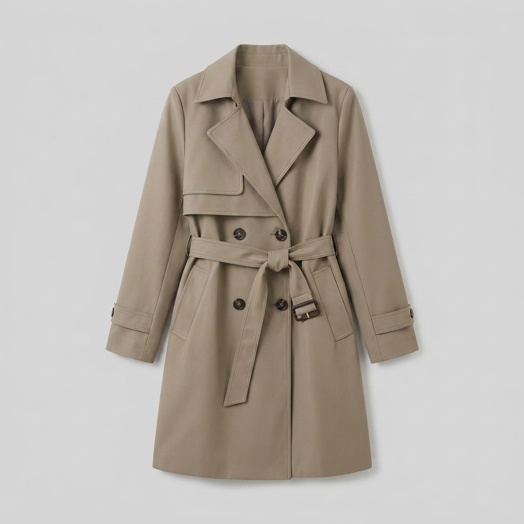 Women's Belted Trench Coat with Notched Lapels, Double-Breasted Closure, and Side Pockets
