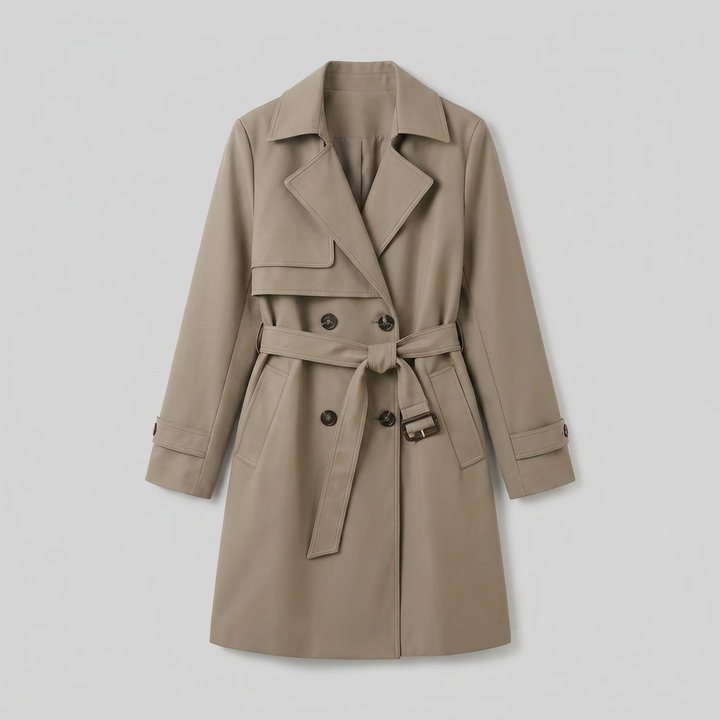 Women's Belted Trench Coat with Notched Lapels, Double-Breasted Closure, and Side Pockets